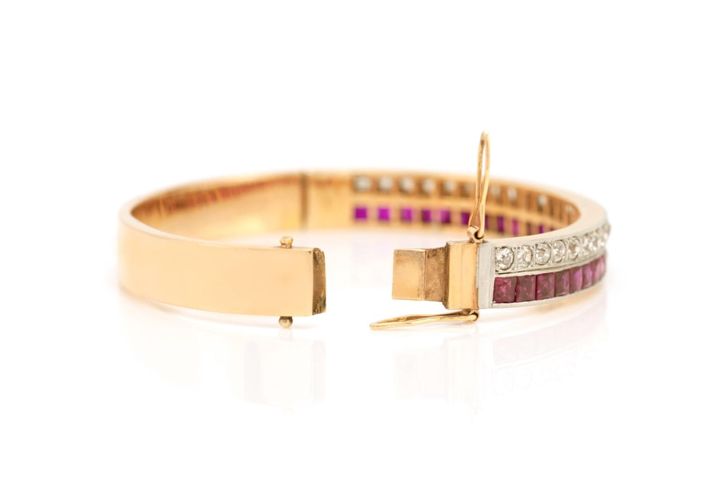 Antique Art Deco 1930s Pink Sapphire and Diamond Hinged Bangle Bracelet