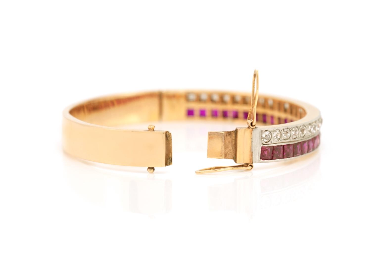 Antique Art Deco 1930s Pink Sapphire and Diamond Hinged Bangle Bracelet