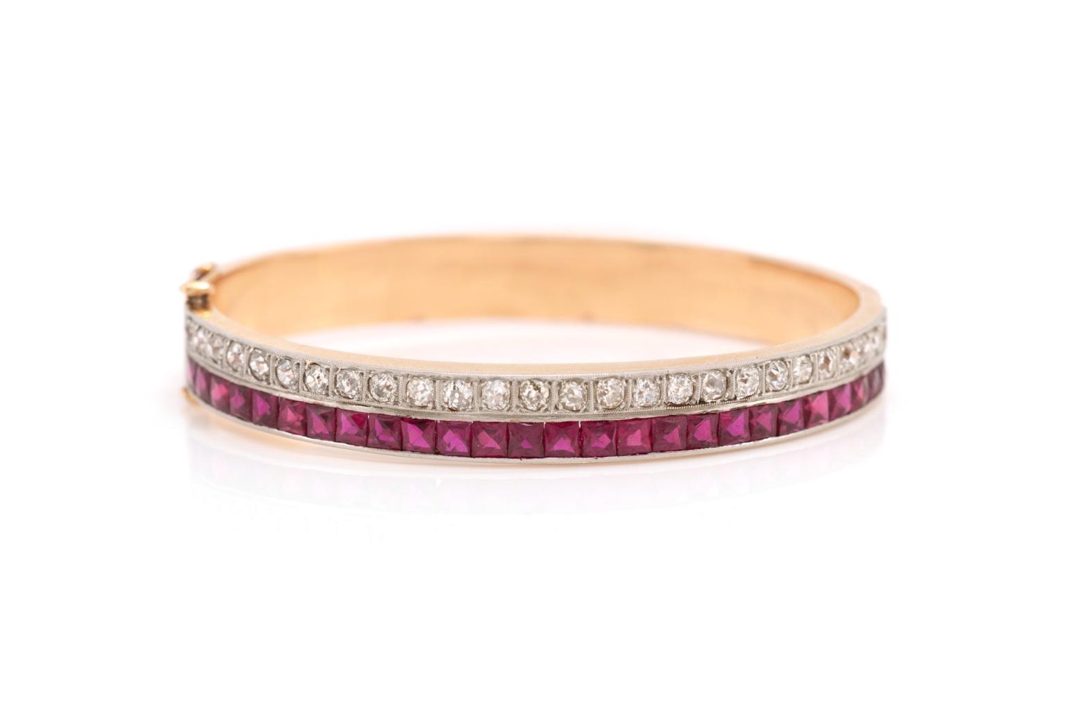 Antique Art Deco 1930s Pink Sapphire and Diamond Hinged Bangle Bracelet