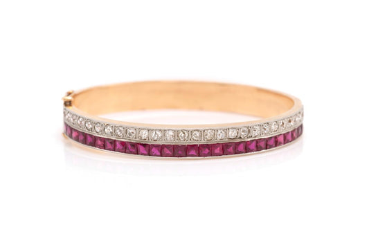 Antique Art Deco 1930s Pink Sapphire and Diamond Hinged Bangle Bracelet