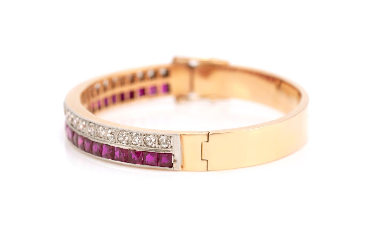 Antique Art Deco 1930s Pink Sapphire and Diamond Hinged Bangle Bracelet