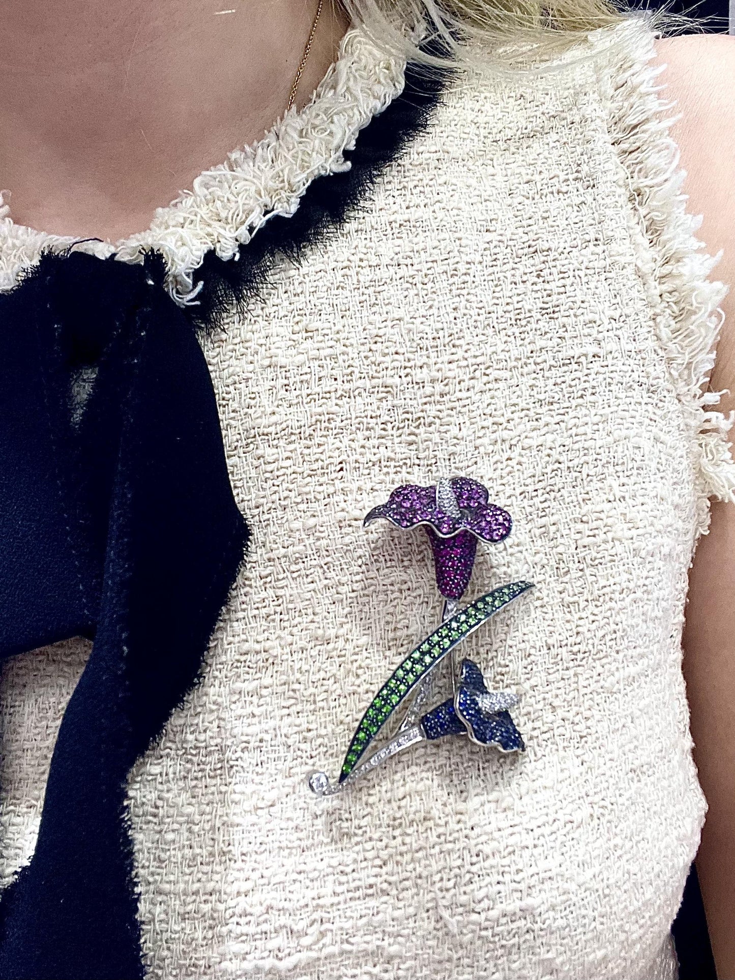 Multi-Color Sapphire Calla Lily Flower Brooch with Diamonds