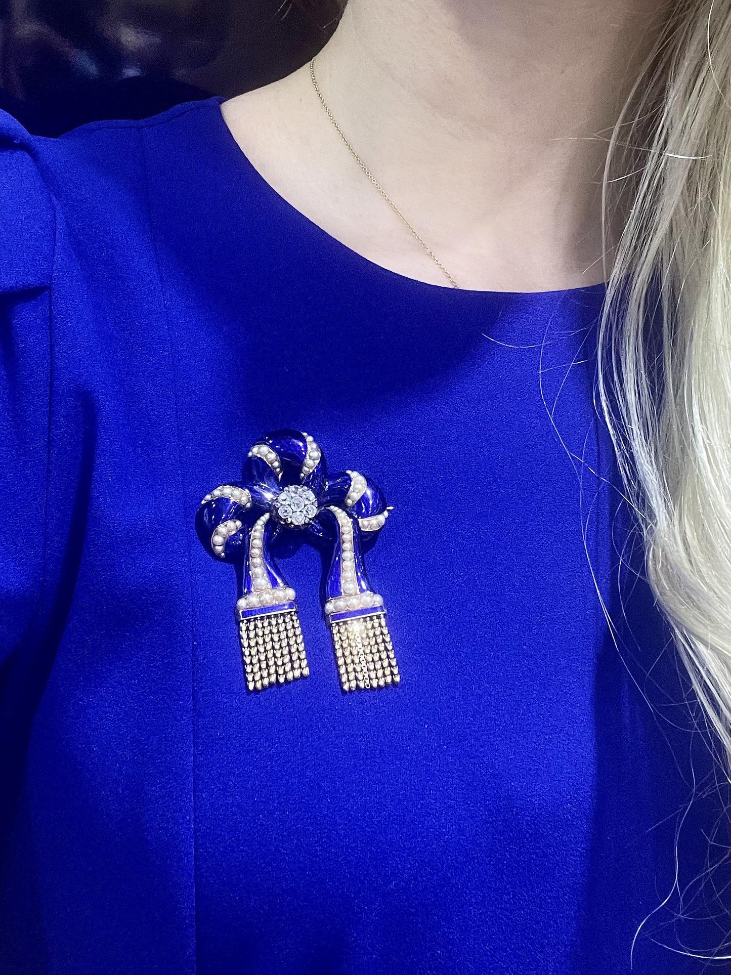Antique Victorian Enamel Tassle Bow Brooch with Diamonds and Pearls