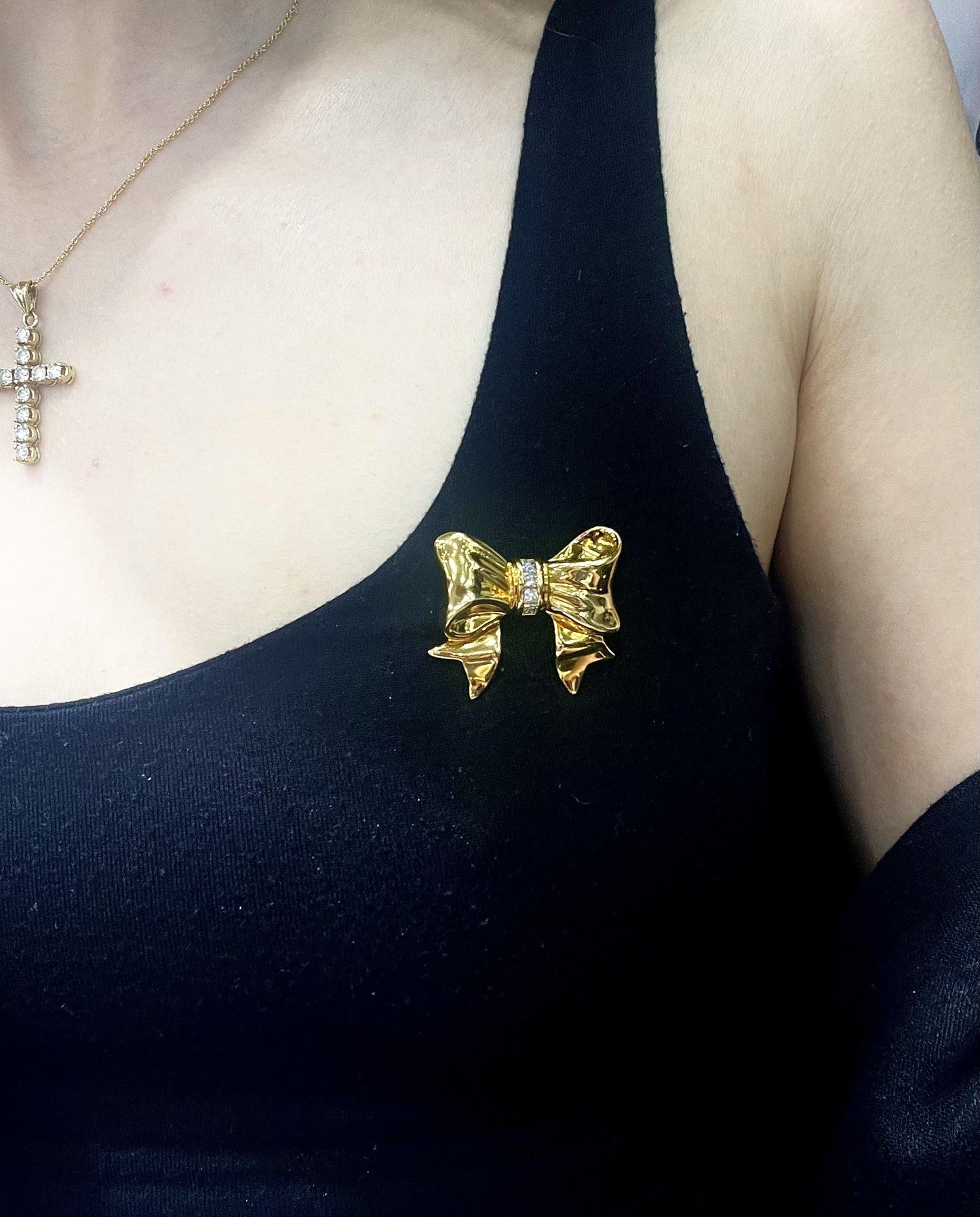 Vintage 1980s Tiffany & Co. Gold Bow Brooch with Diamonds