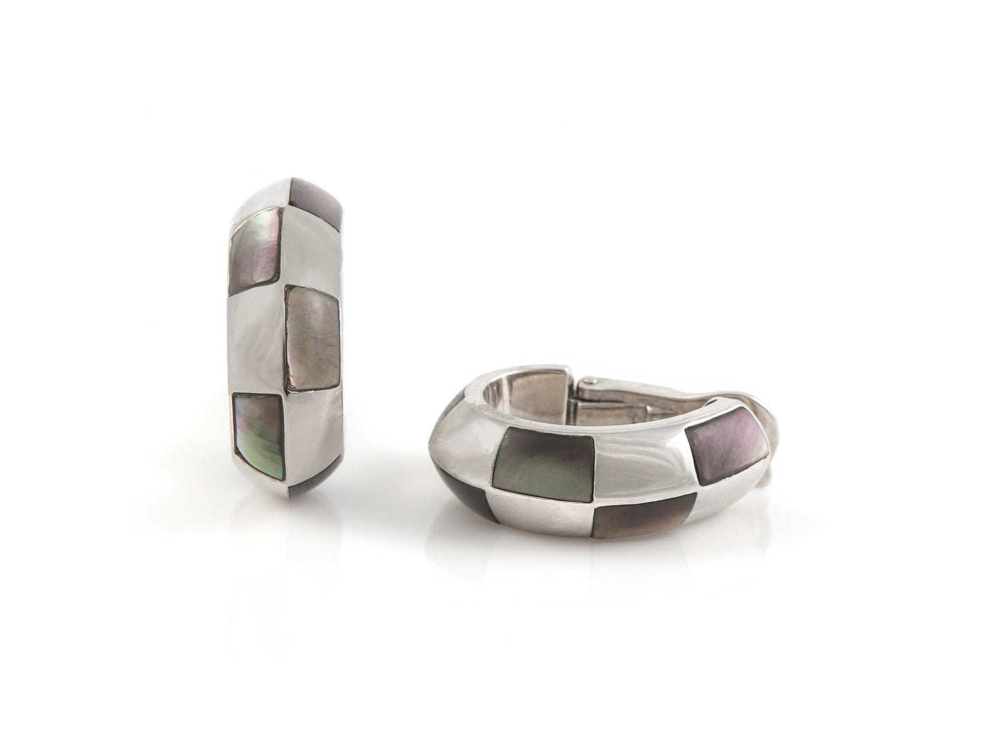 Mauboussin White Gold and Gray Mother of Pearl Checkerboard Huggie Earrings