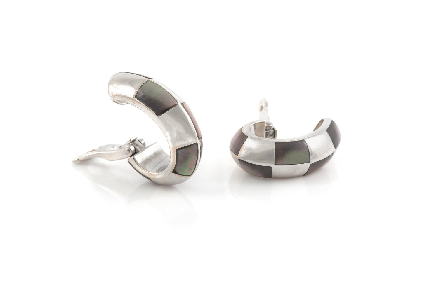 Mauboussin White Gold and Gray Mother of Pearl Checkerboard Huggie Earrings