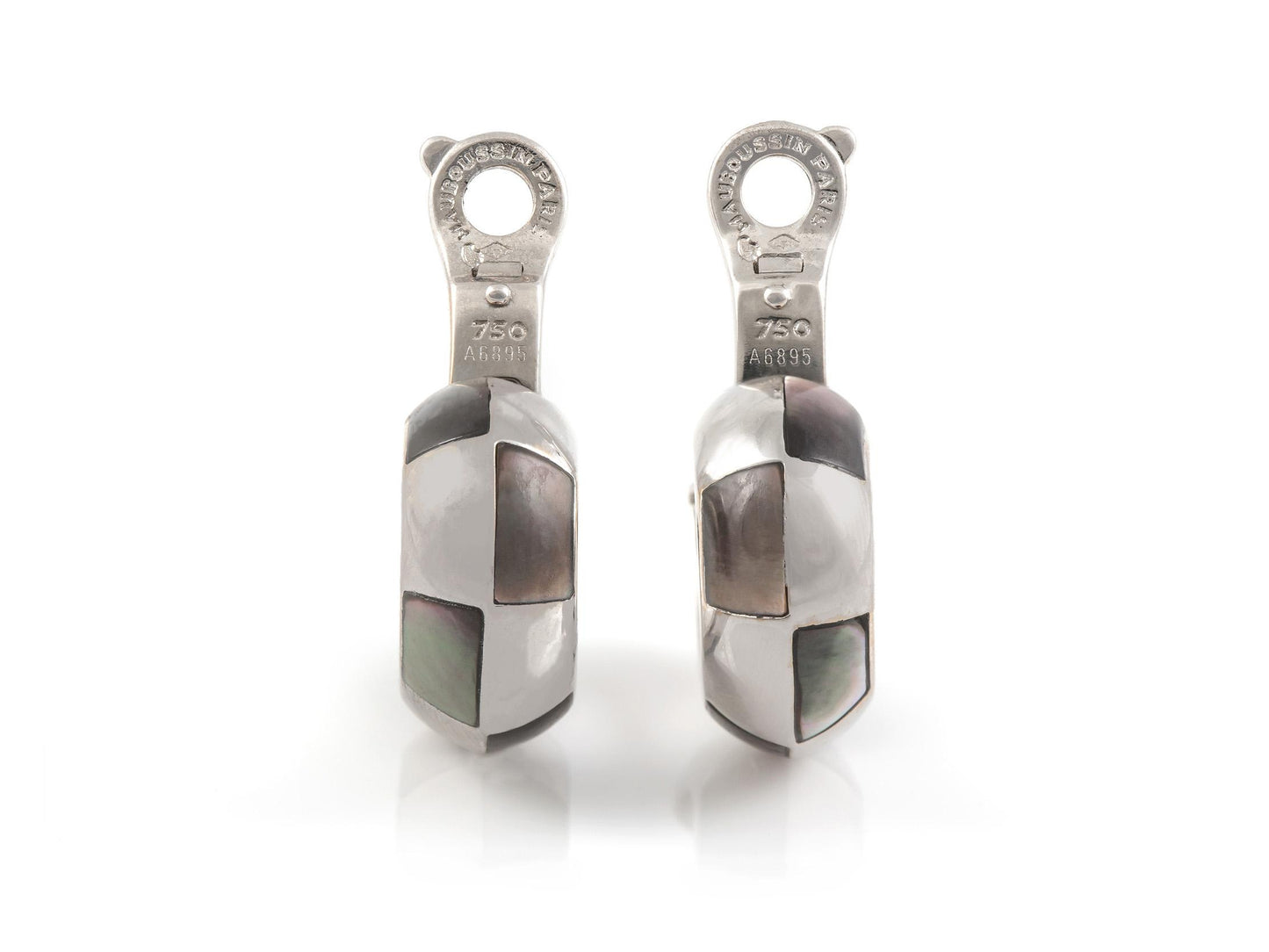 Mauboussin White Gold and Gray Mother of Pearl Checkerboard Huggie Earrings