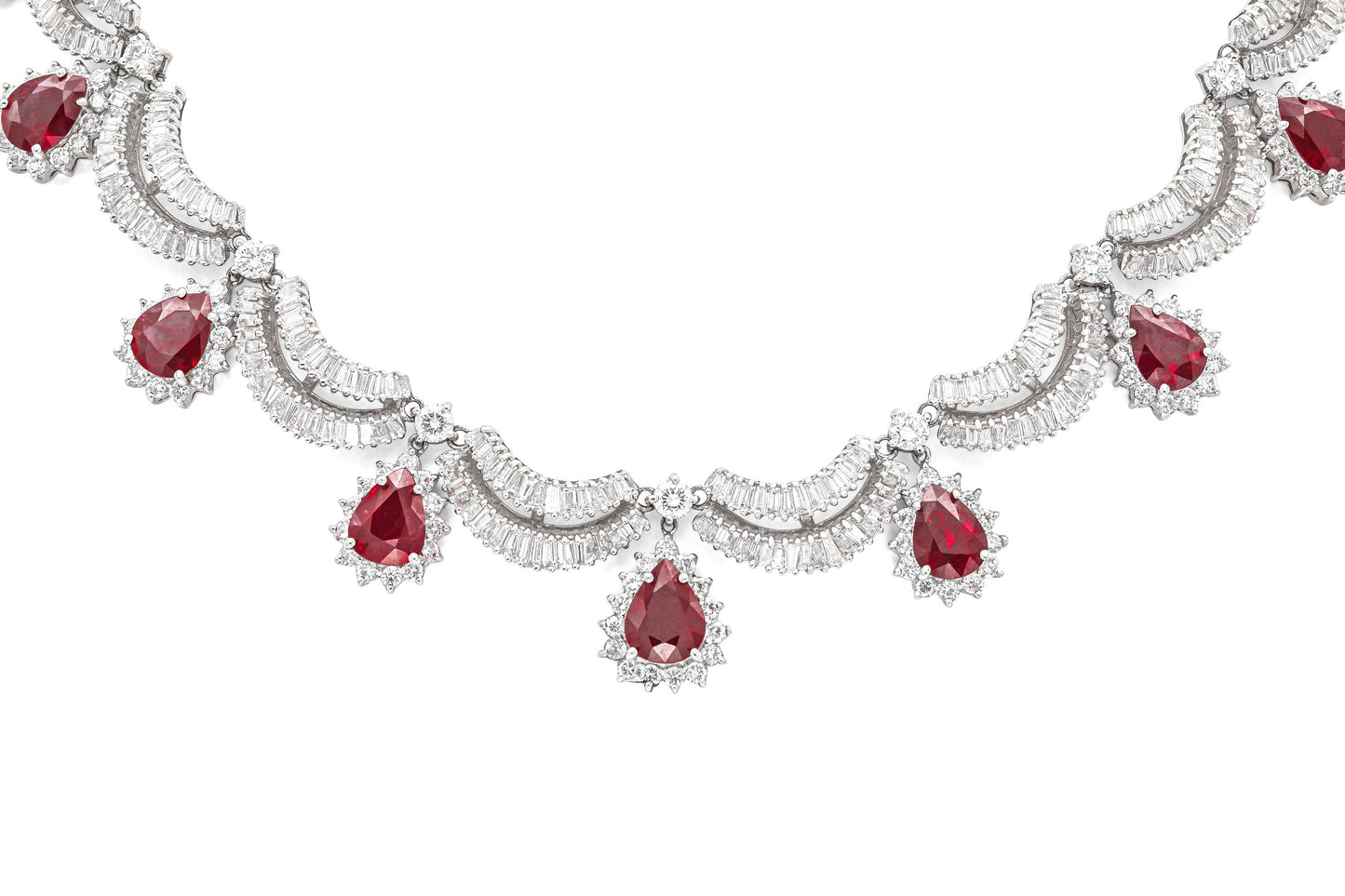 16.15 Carat Pear-Shaped Ruby Drops and 22.10 Carat Diamonds Necklace