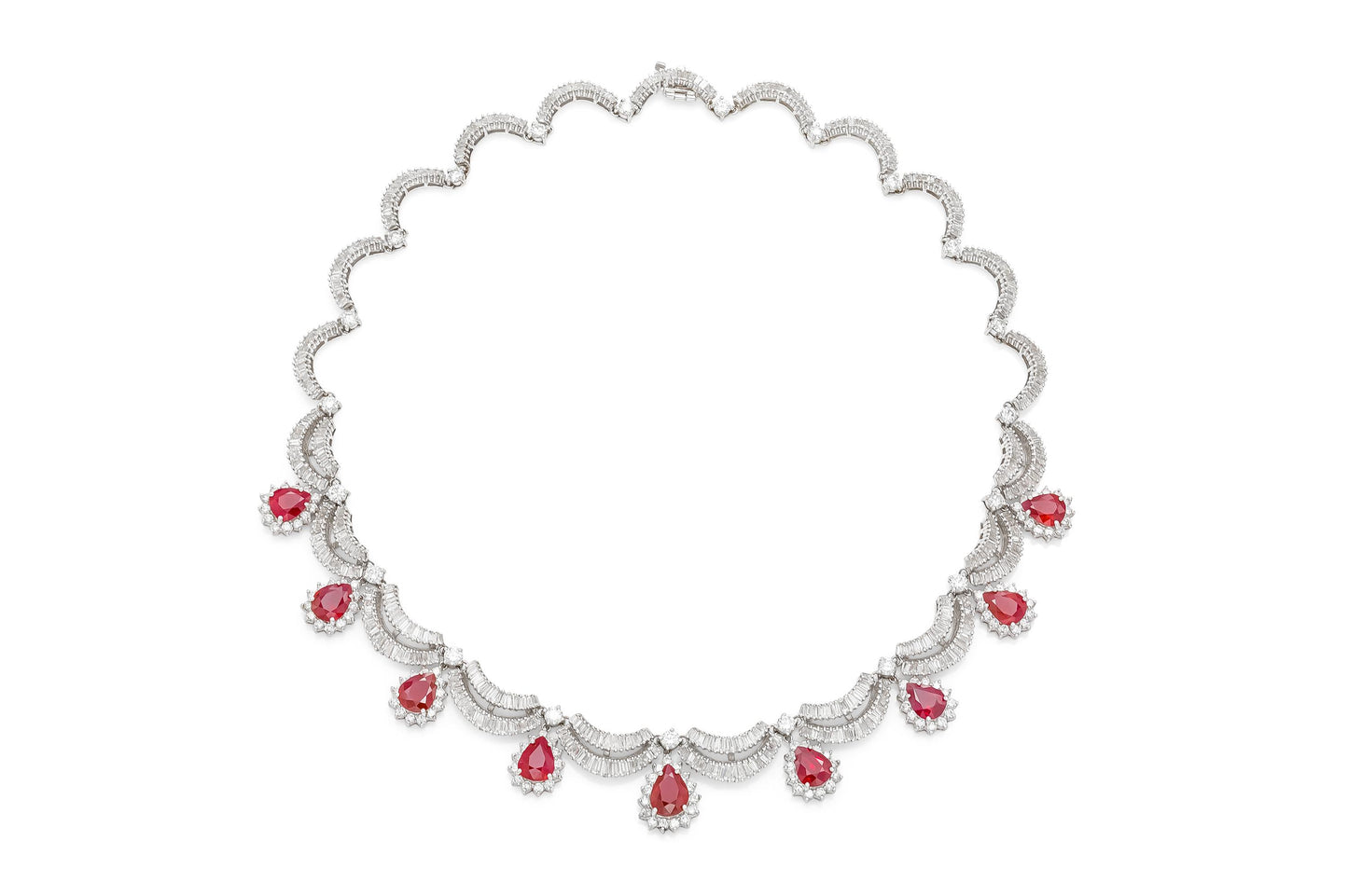 16.15 Carat Pear-Shaped Ruby Drops and 22.10 Carat Diamonds Necklace