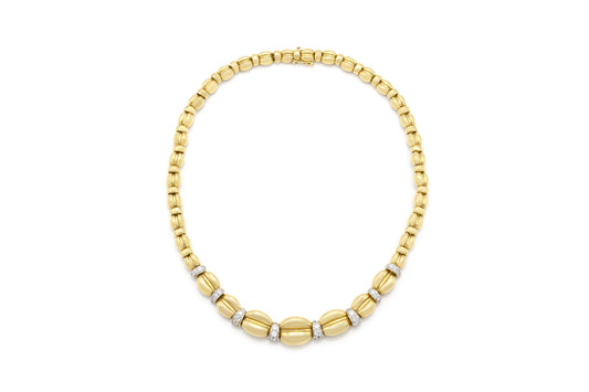 Vintage 1980s Gold Coffee Bean Links Necklace with Diamonds