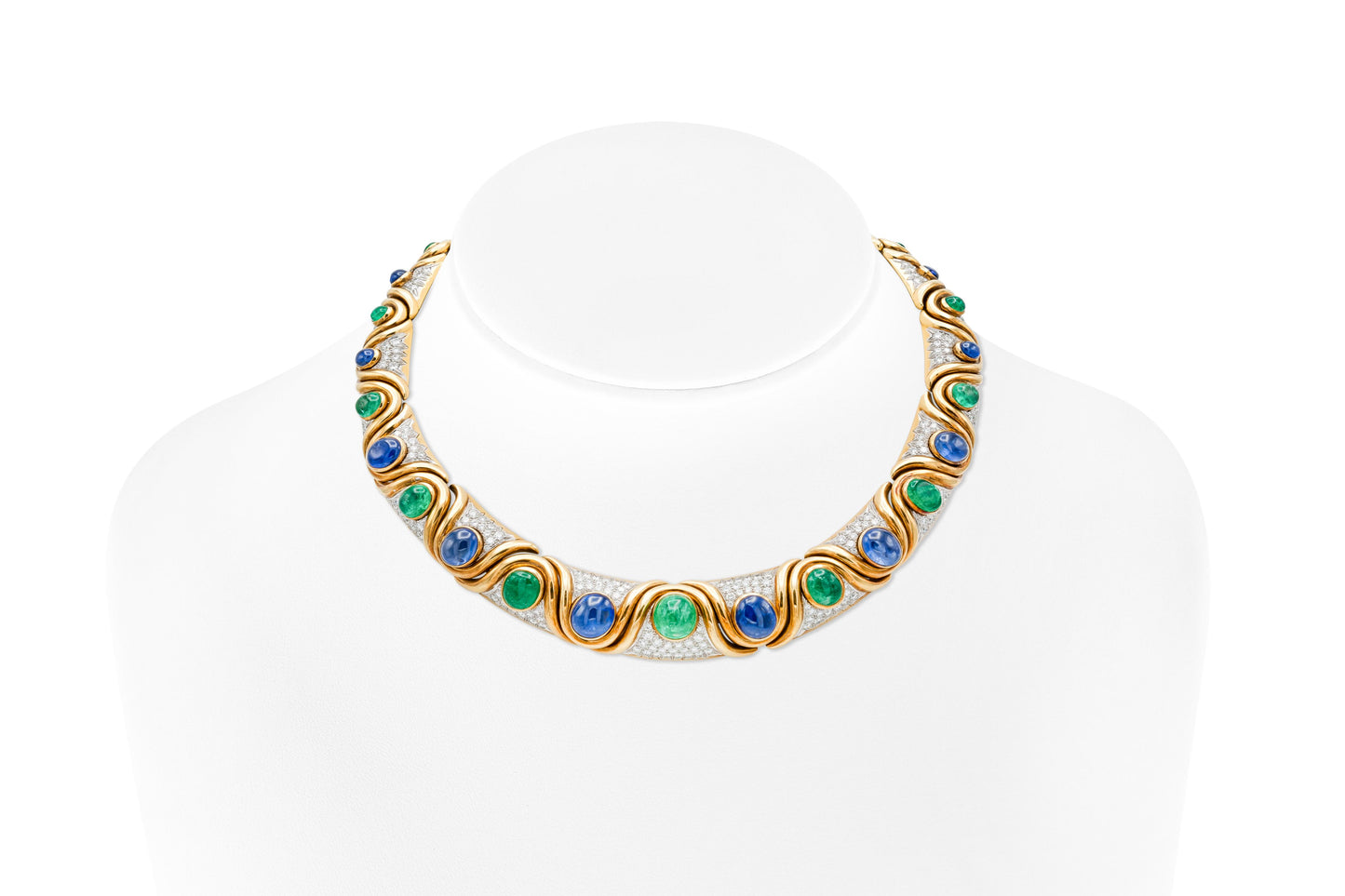 Vintage 1970s David Webb Cabochon Emerald and Sapphire Necklace with Diamonds