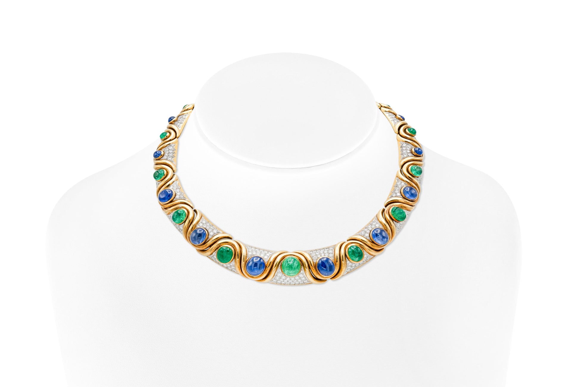 Vintage 1970s David Webb Cabochon Emerald and Sapphire Necklace with Diamonds