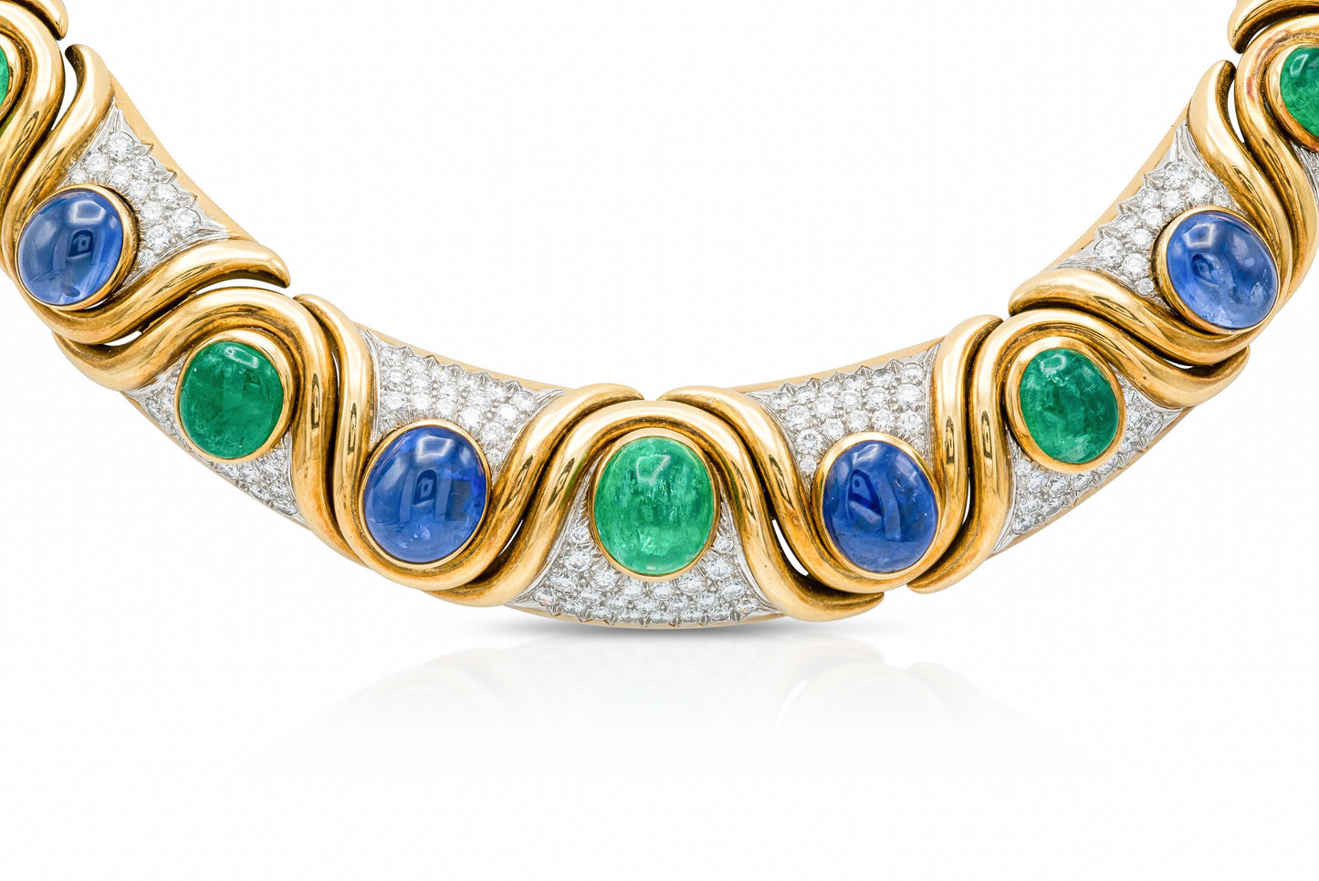 Vintage 1970s David Webb Cabochon Emerald and Sapphire Necklace with Diamonds