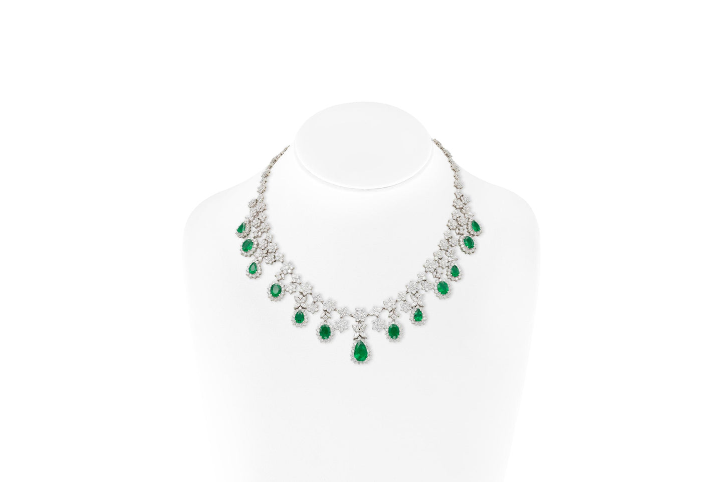 12.36 Carat Pear-Shaped Emerald Drops and 21.30 Carat Diamonds Necklace