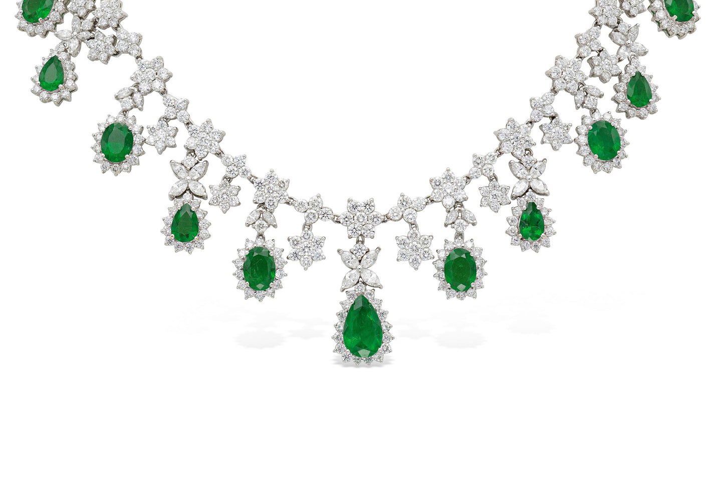 12.36 Carat Pear-Shaped Emerald Drops and 21.30 Carat Diamonds Necklace