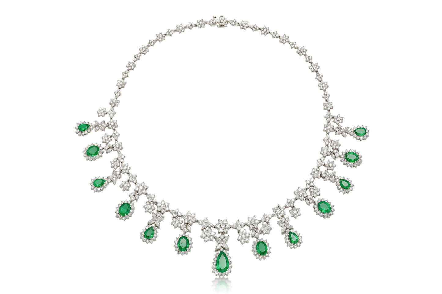 12.36 Carat Pear-Shaped Emerald Drops and 21.30 Carat Diamonds Necklace