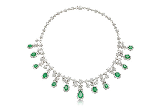 12.36 Carat Pear-Shaped Emerald Drops and 21.30 Carat Diamonds Necklace