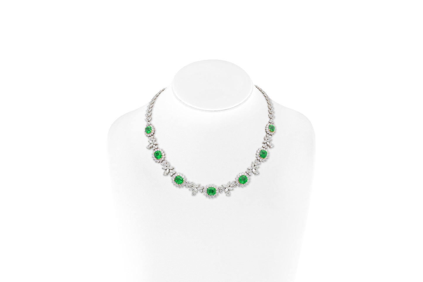 13.22 Carat Cushion Cut Emeralds and 18.91 Carat Diamonds Necklace