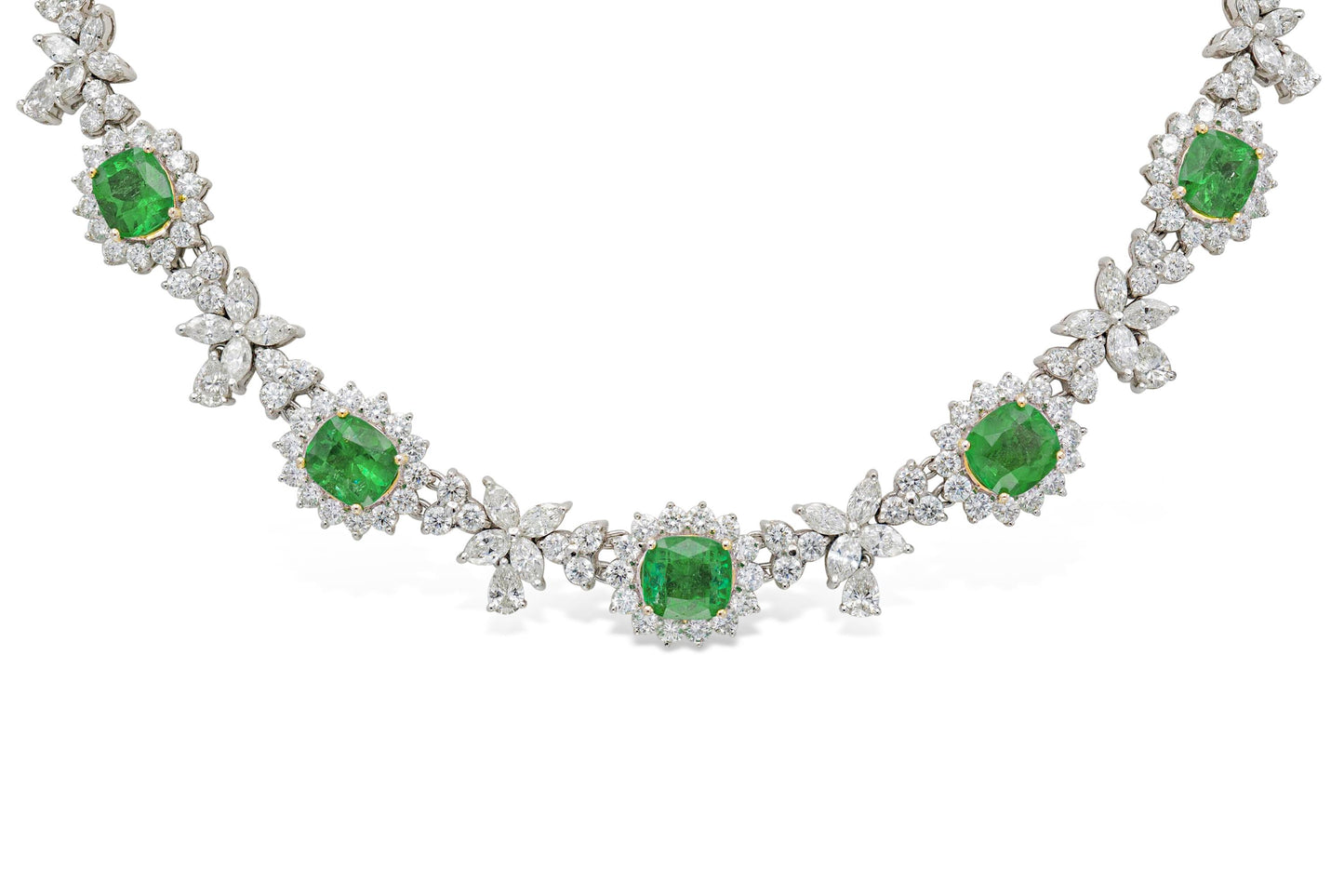 13.22 Carat Cushion Cut Emeralds and 18.91 Carat Diamonds Necklace