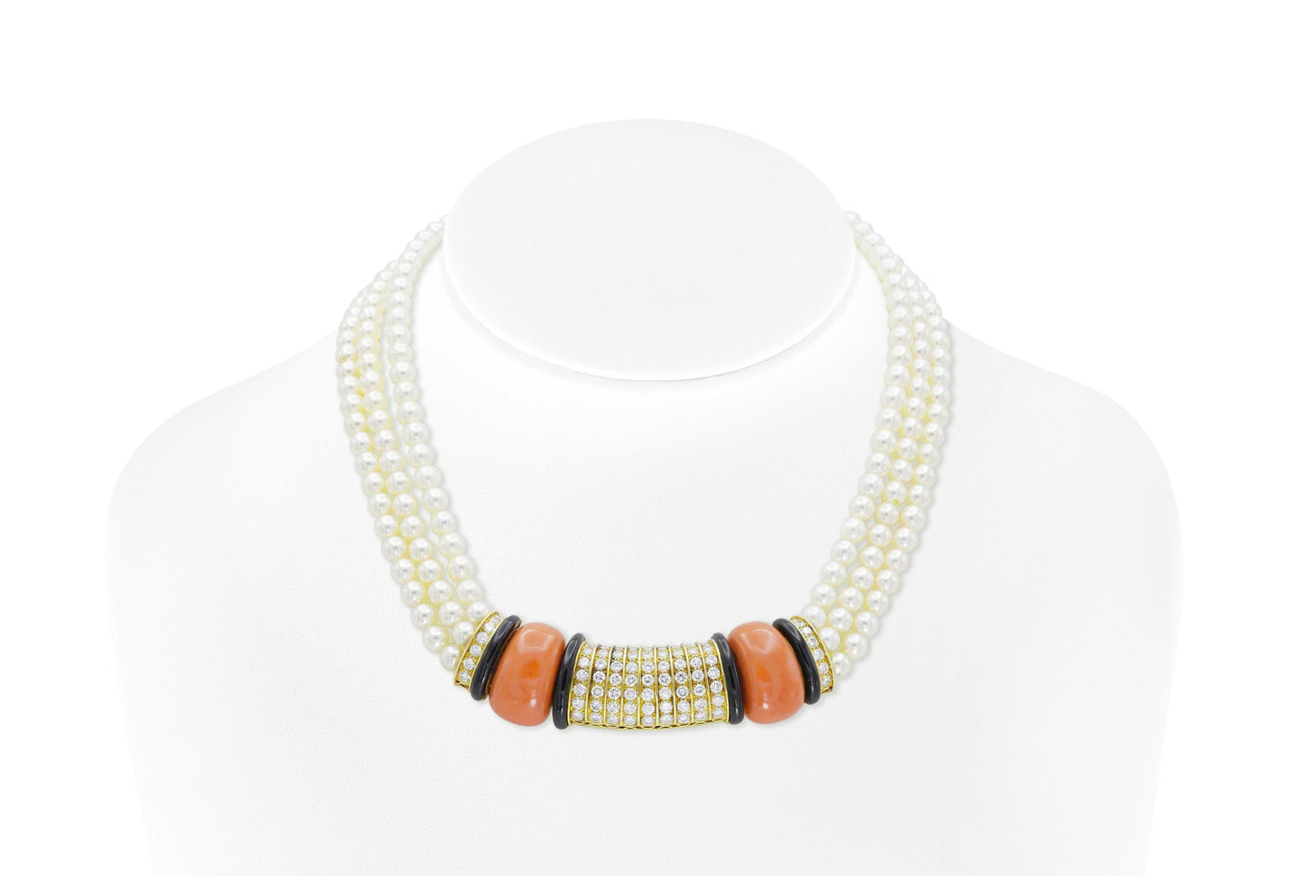 Vintage 1960s Van Cleef & Arpels Pearl Necklace with Coral Onyx and Diamonds