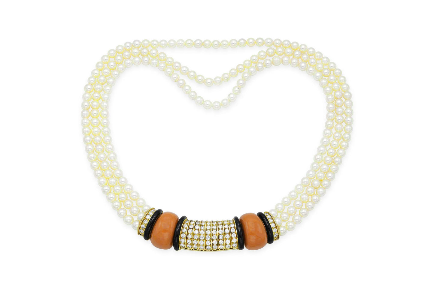 Vintage 1960s Van Cleef & Arpels Pearl Necklace with Coral Onyx and Diamonds