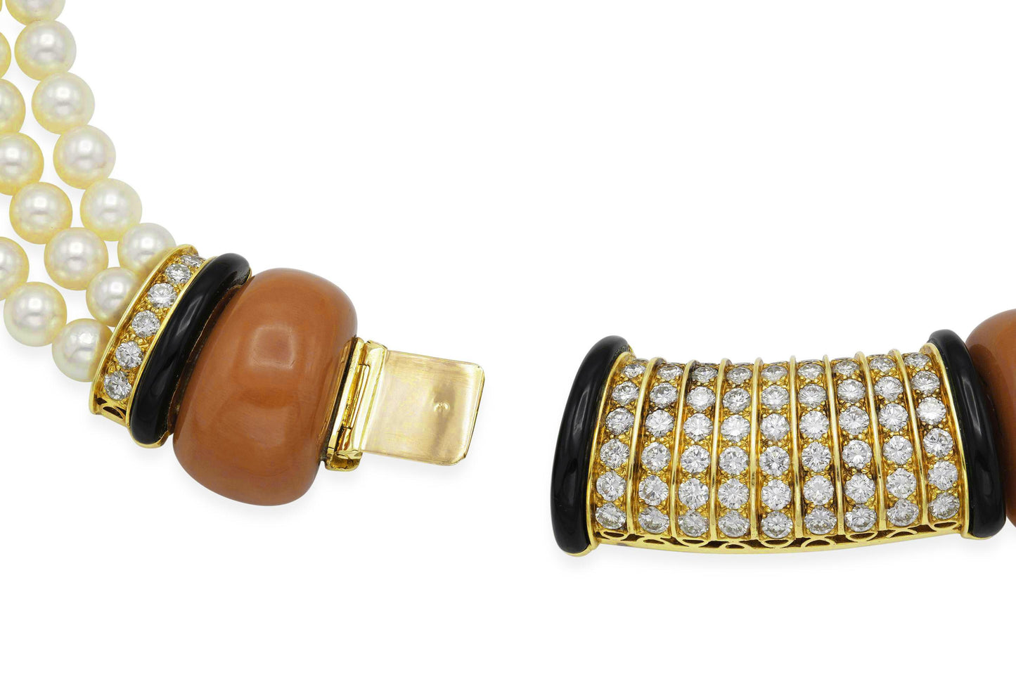 Vintage 1960s Van Cleef & Arpels Pearl Necklace with Coral Onyx and Diamonds