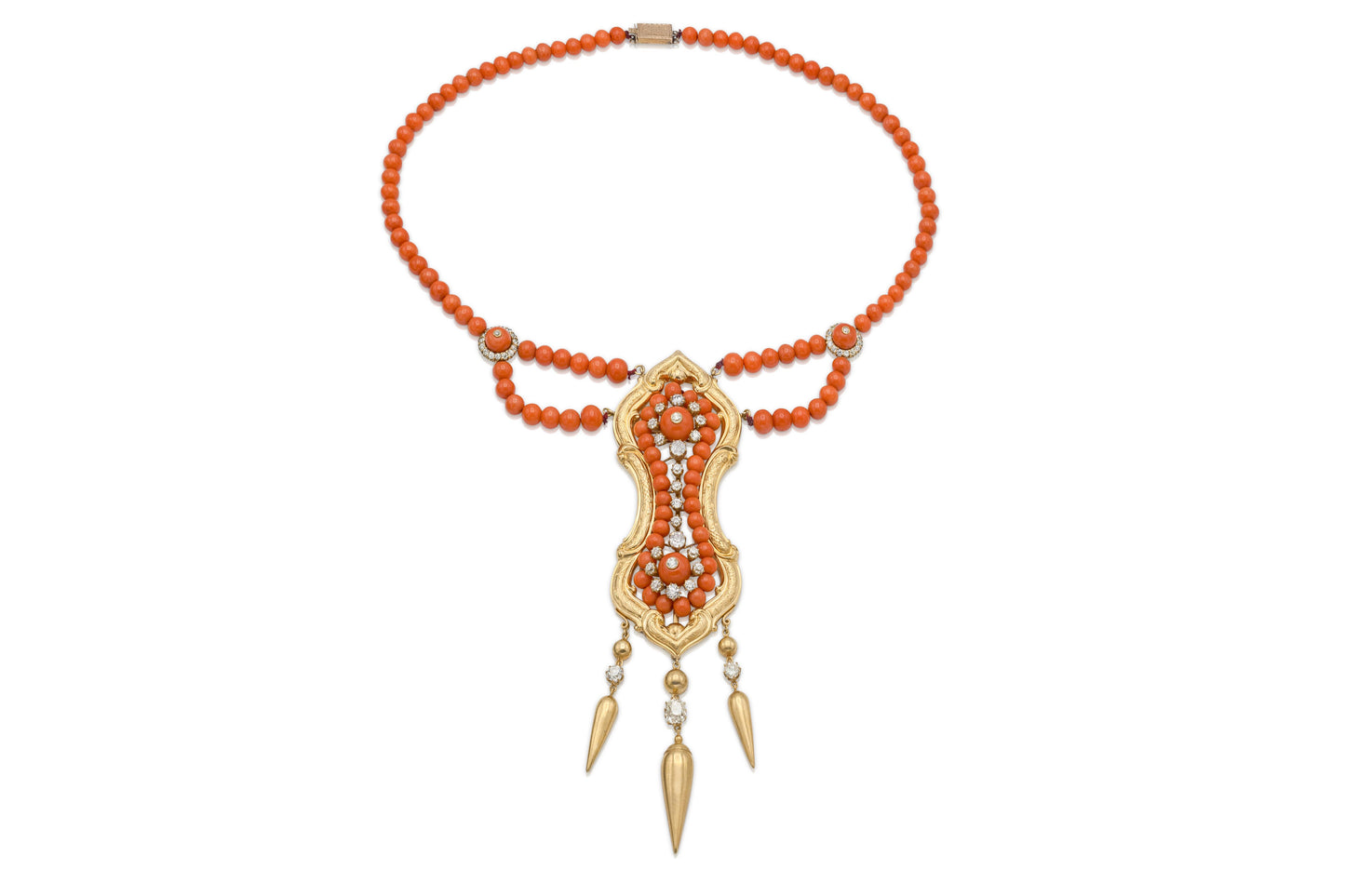 Antique Victorian Coral Beads Necklace with Diamonds