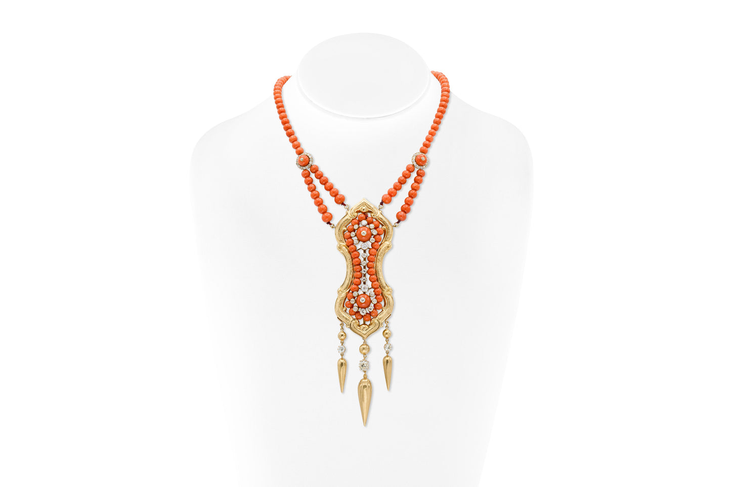Antique Victorian Coral Beads Necklace with Diamonds