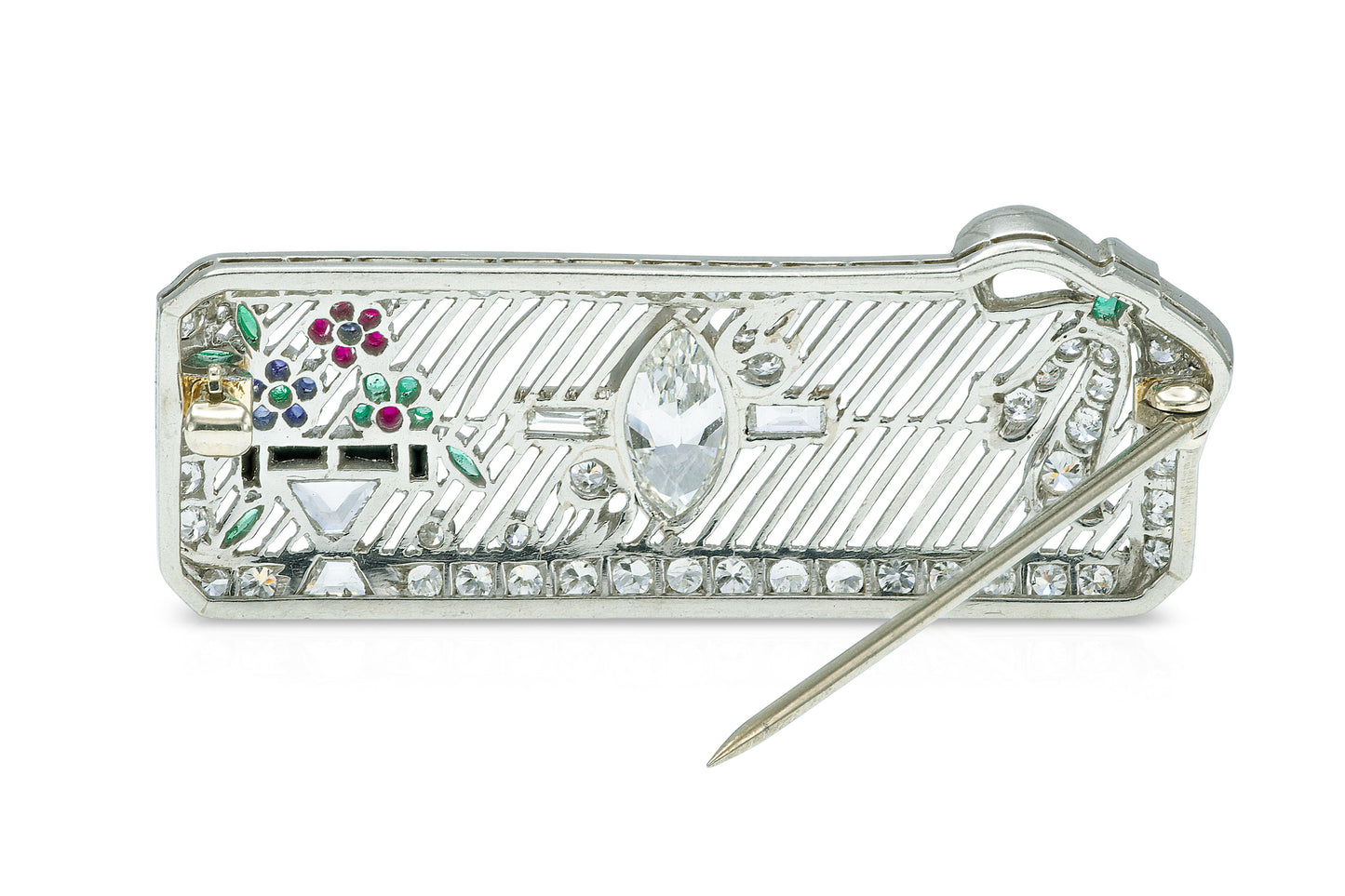 Antique Art Deco 1920s Multi-Gem Flower Pot & Ribbon Brooch