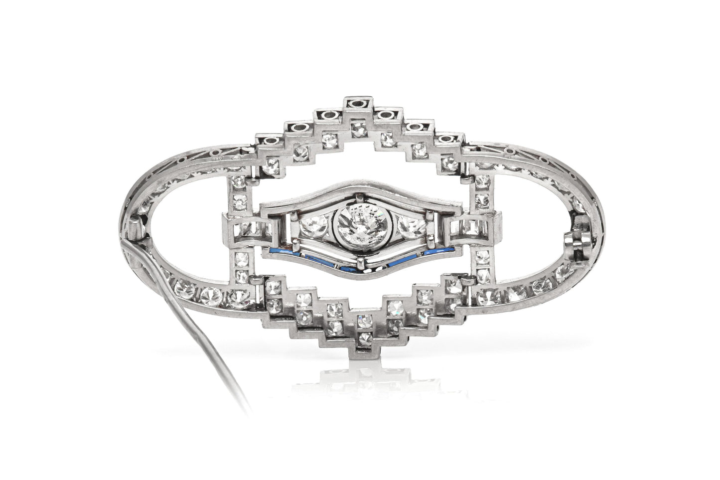 Antique Art Deco 1920s 5.90 Carat Diamond Openwork Brooch with Sapphires