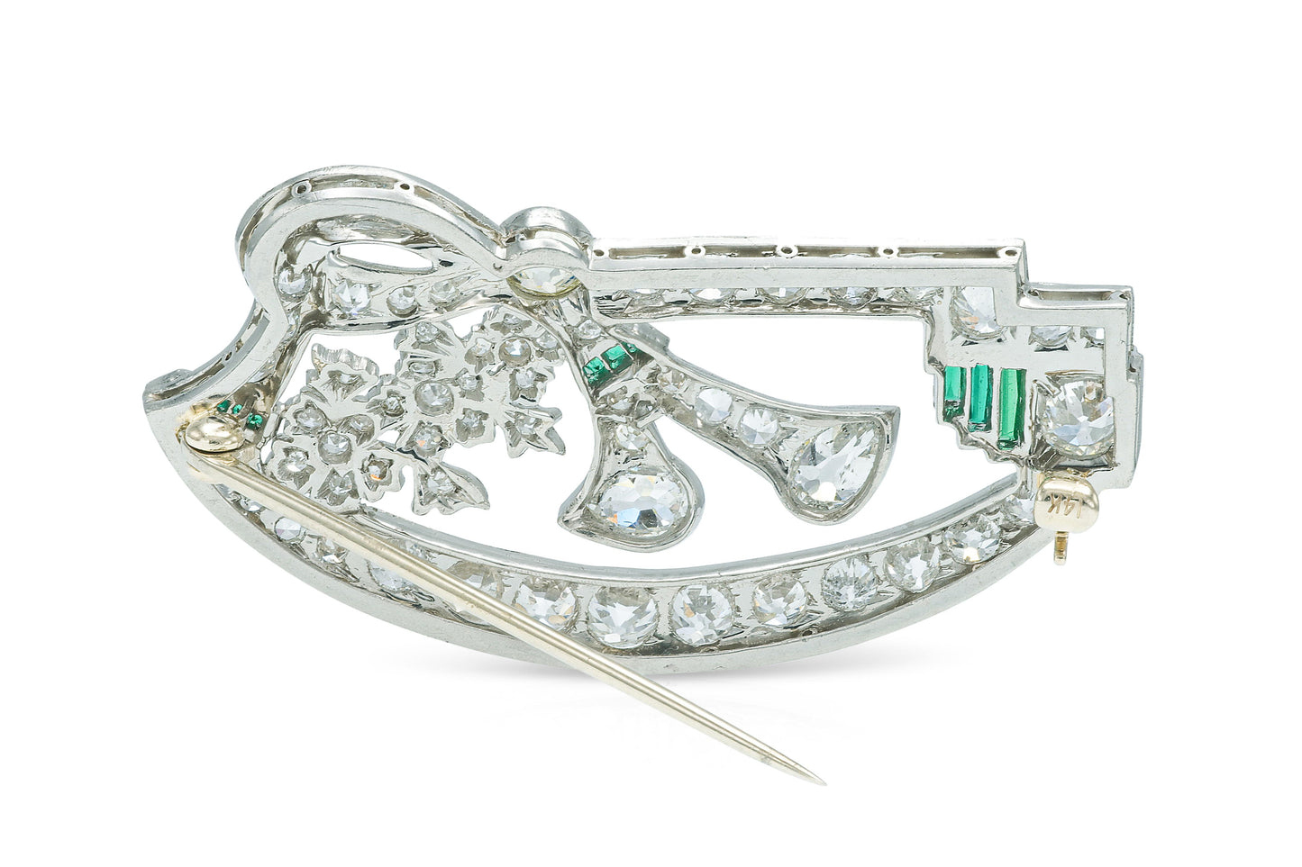 Antique Art Deco 1920s 5.00 Carat Diamond Brooch with Emeralds