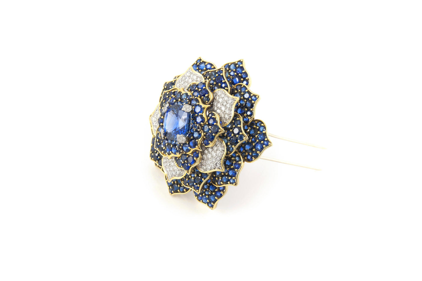 Vintage 1980s Verdura 20.01 Carat Sapphire Flower Brooch with Diamonds