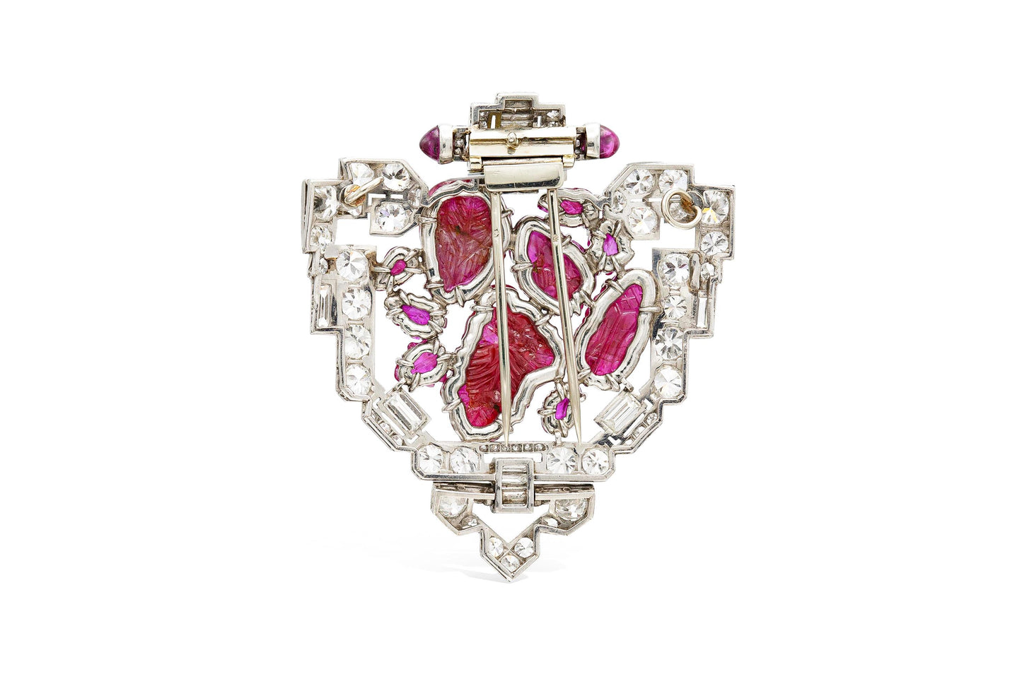 Antique Art Deco 1930s 20.00 Carat Carved Ruby and 9.00 Carat Diamond Brooch
