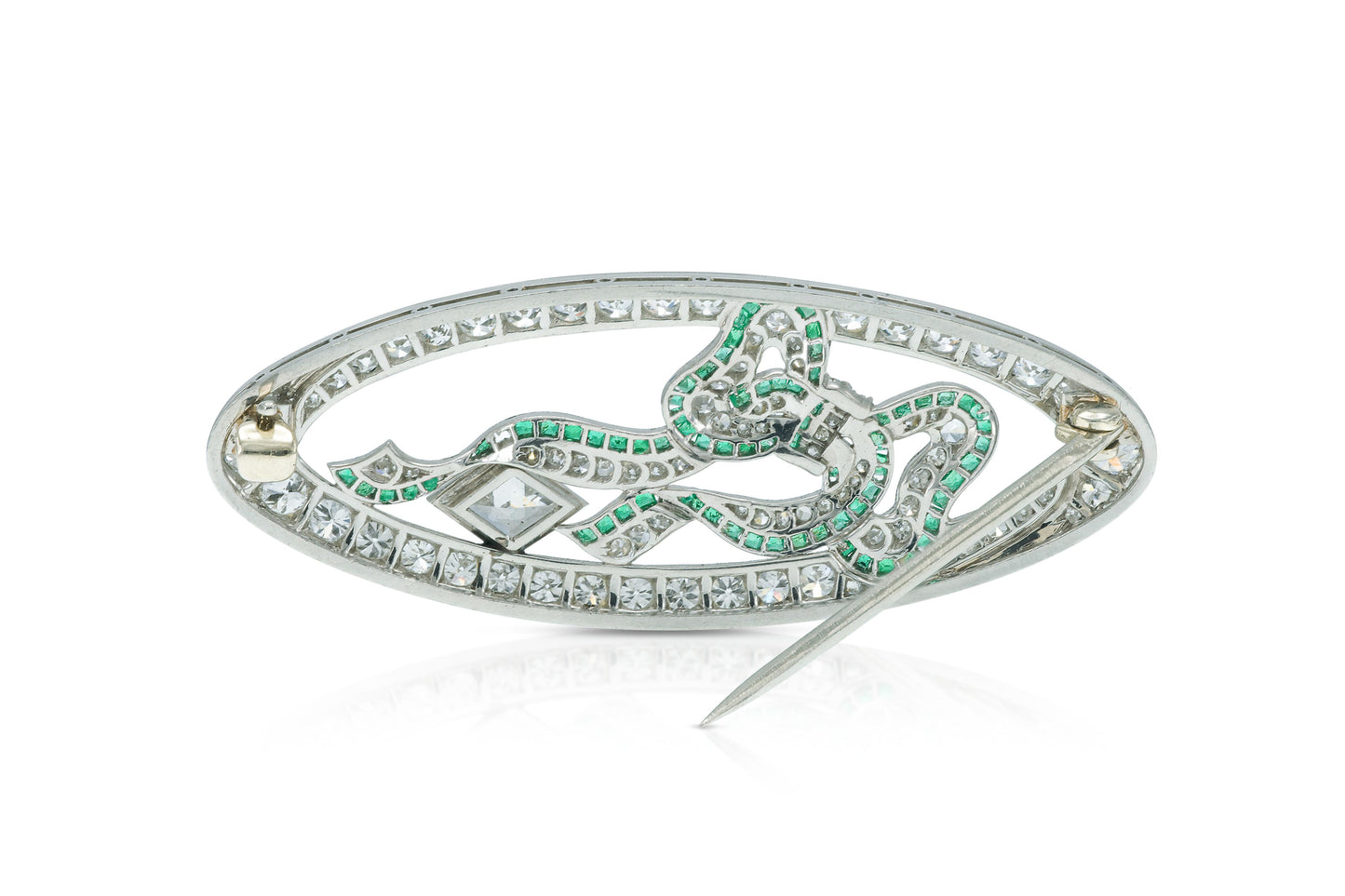 Antique Art Deco 1920s3.00 Carat Bow Brooch with Emeralds