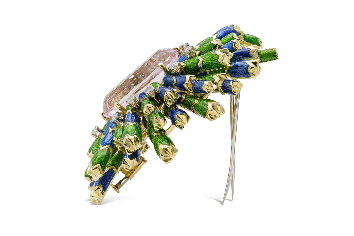 Vintage 1960s David Webb Kunzite Diamond and Enamel Brooch