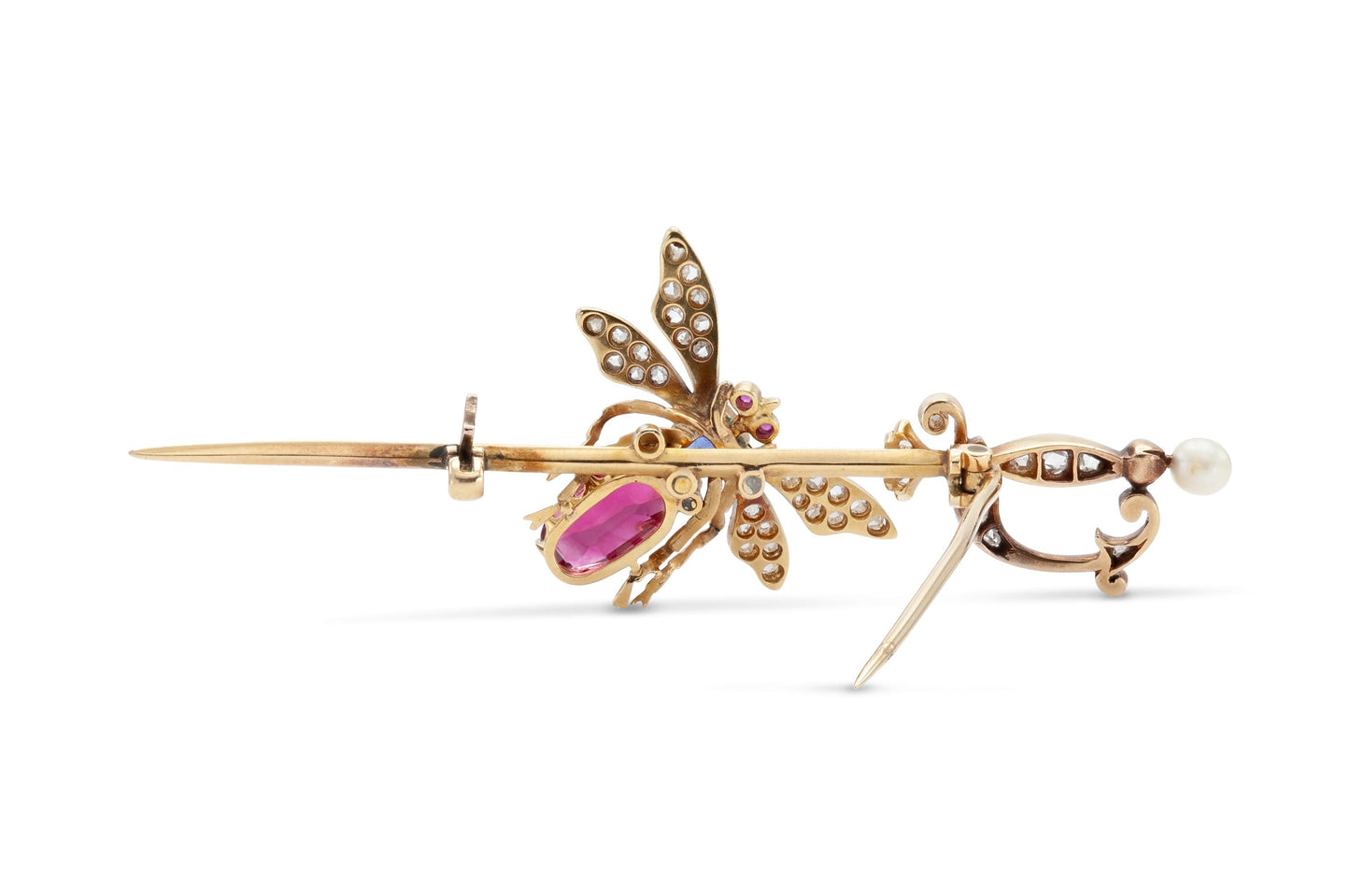Antique Victorian Red Spinel Bug and Sword Stick Pin with Sapphire and Diamonds