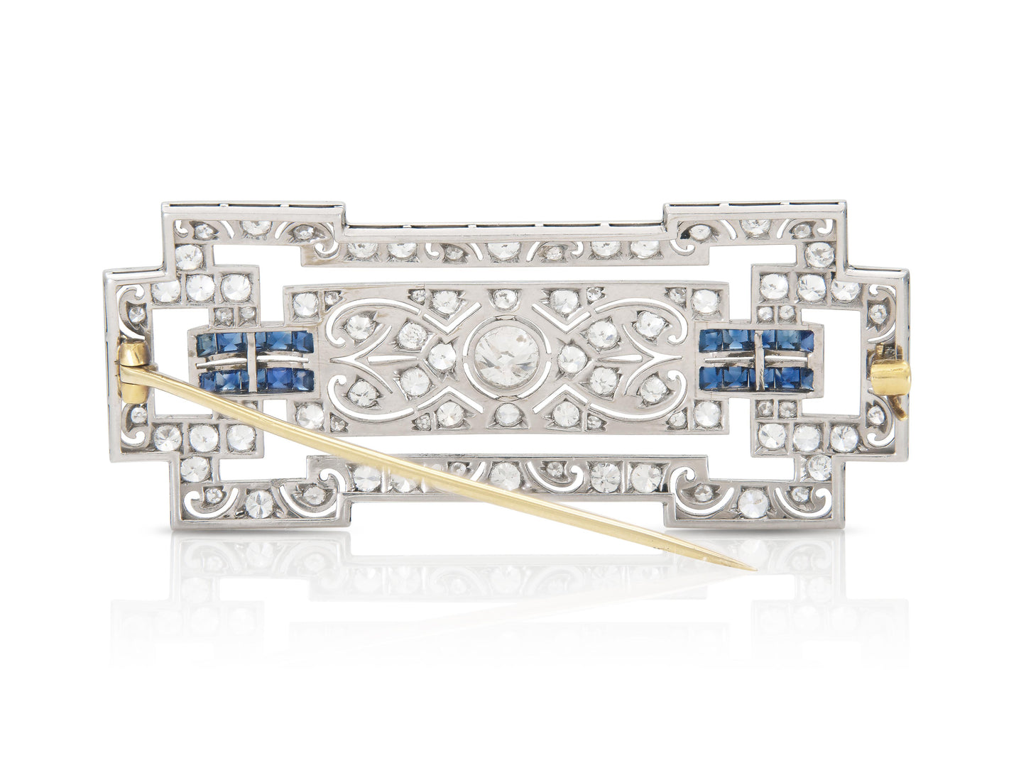 Antique Art Deco 1920s 3.20 Carat Diamond Brooch with Sapphires
