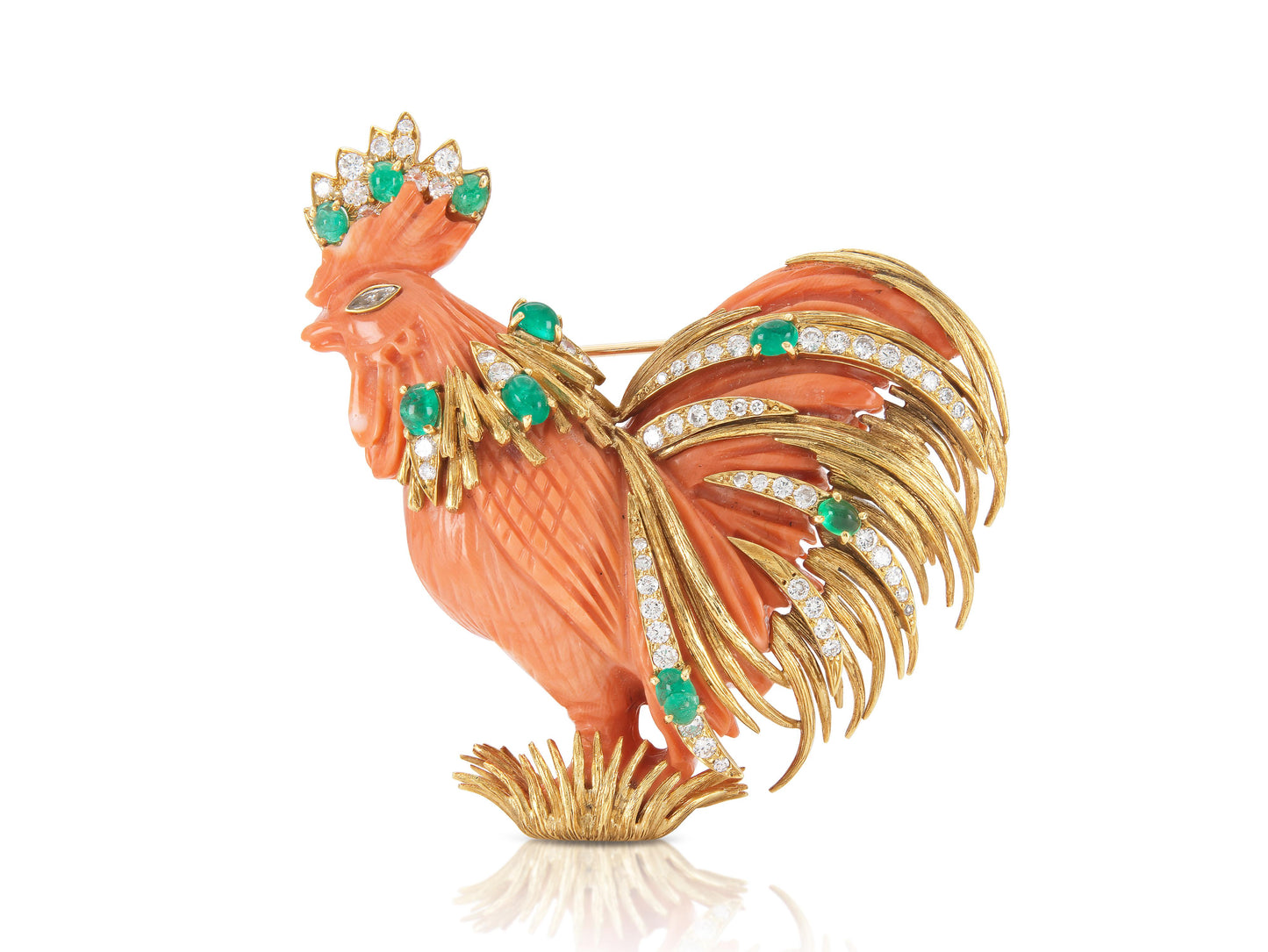 Vintage 1960s David Webb Coral Rooster Brooch with Emeralds and Diamonds