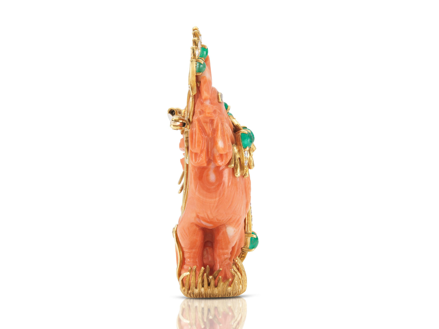 Vintage 1960s David Webb Coral Rooster Brooch with Emeralds and Diamonds