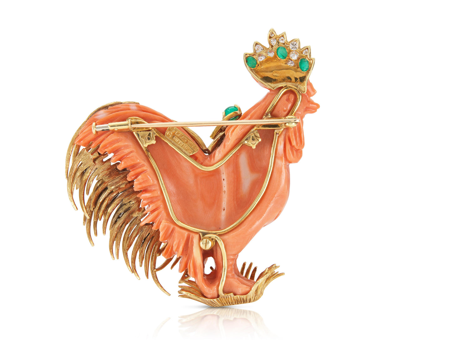 Vintage 1960s David Webb Coral Rooster Brooch with Emeralds and Diamonds