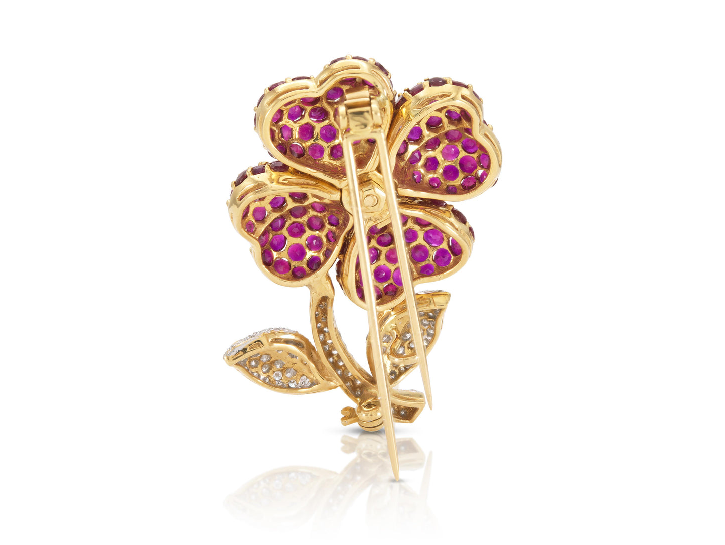 Vintage 1960s 12.80 Carat Ruby Flower Brooch with Diamonds