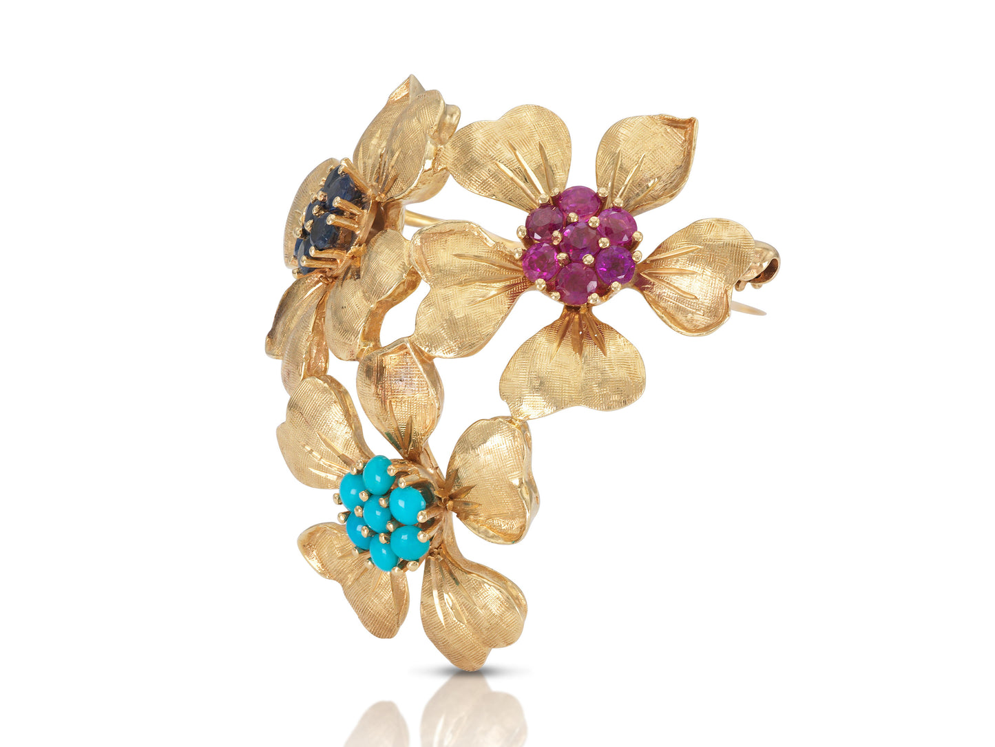 Vintage 1940s Retro Gold Three Flower Brooch with Multi-Color Stones