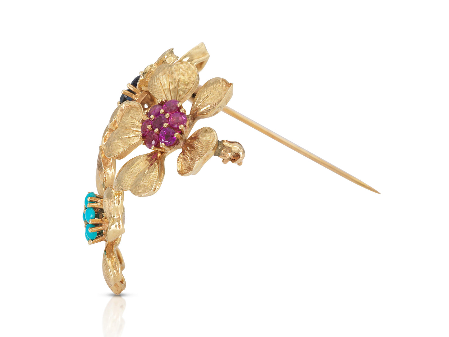 Vintage 1940s Retro Gold Three Flower Brooch with Multi-Color Stones