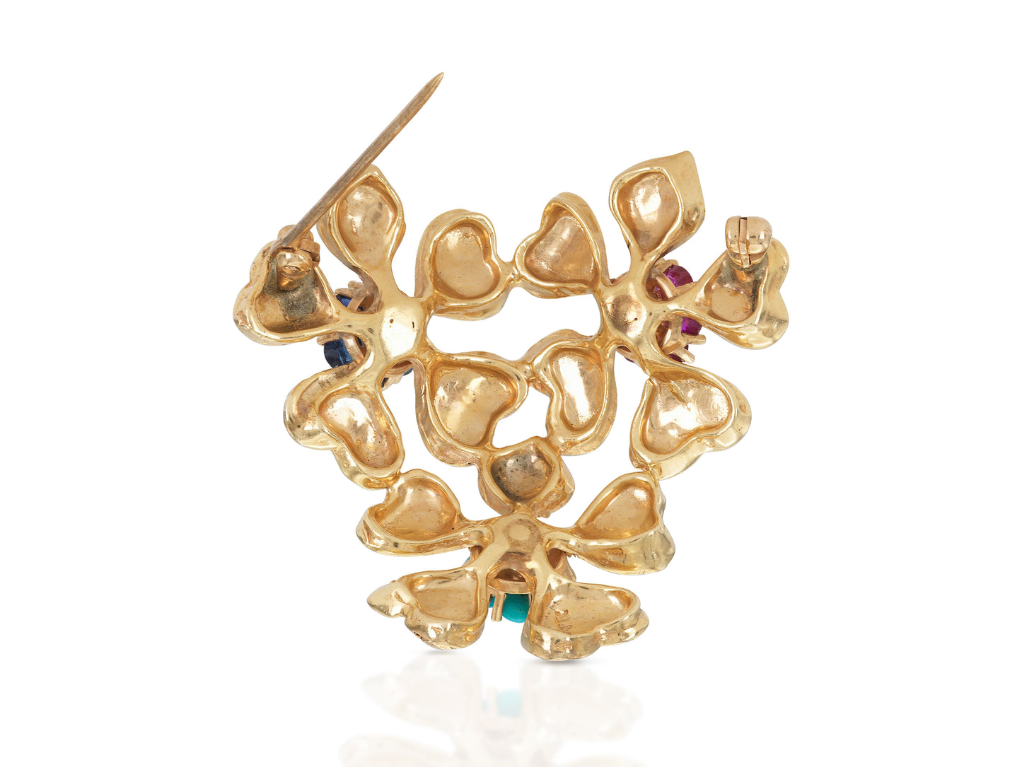 Vintage 1940s Retro Gold Three Flower Brooch with Multi-Color Stones