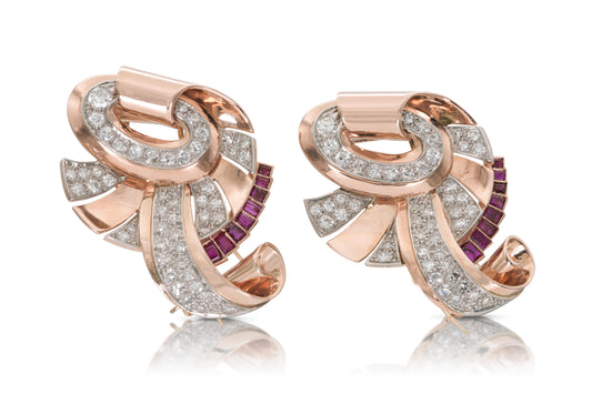 Vintage 1940s Retro Gold Diamond & Ruby Double Clips