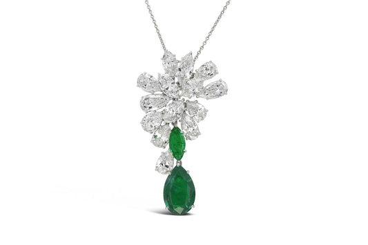 Vintage 1960s Harry Winston Diamond Cluster and Emerald Drop Brooch Pendant