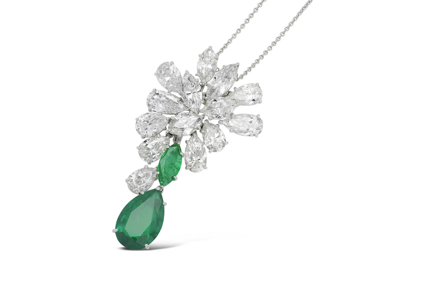 Vintage 1960s Harry Winston Diamond Cluster and Emerald Drop Brooch Pendant