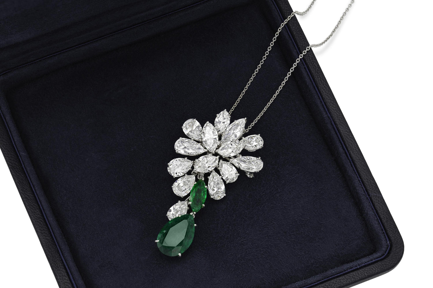 Vintage 1960s Harry Winston Diamond Cluster and Emerald Drop Brooch Pendant