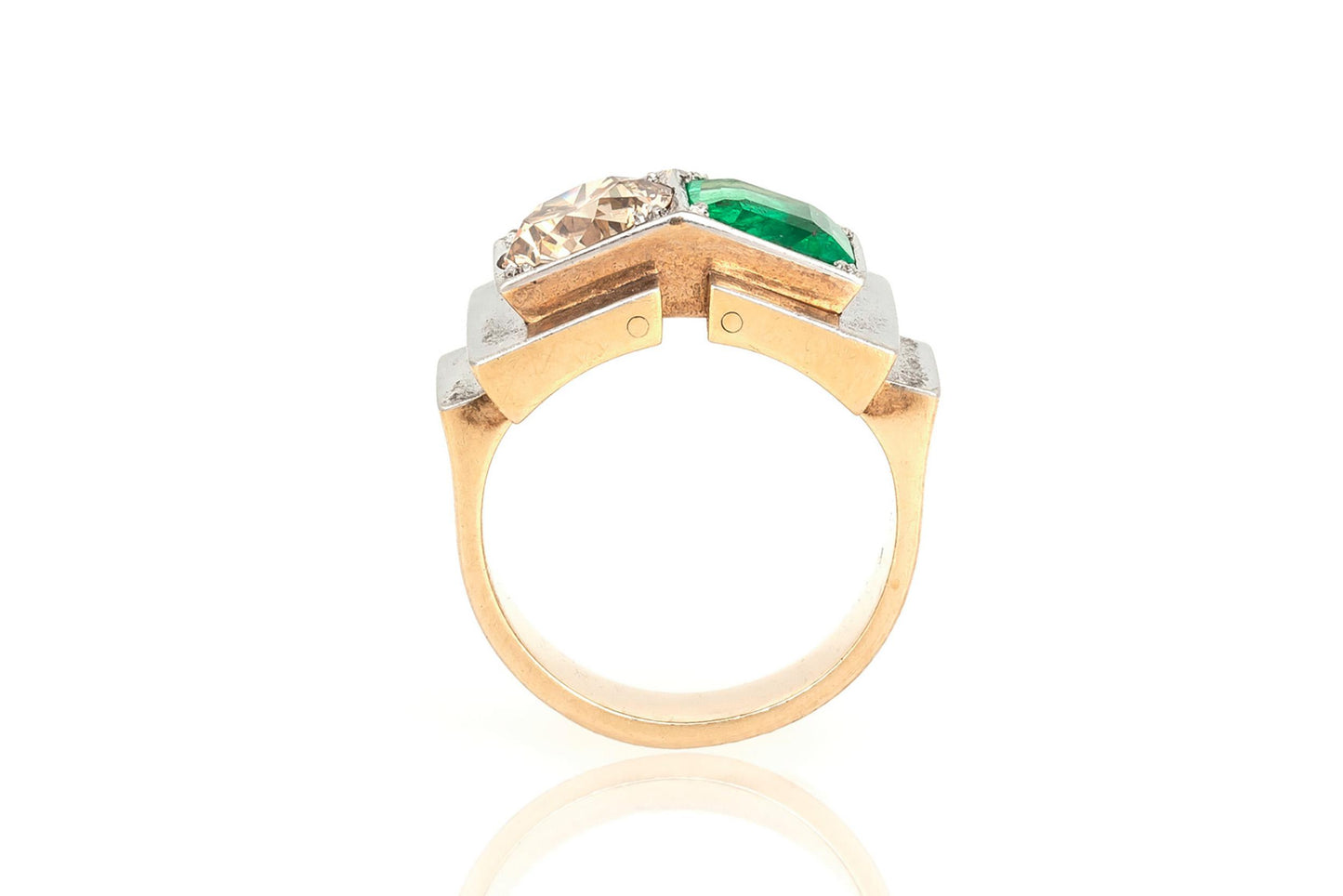 Antique Art Deco 1930s Emerald and Champagne Diamond Ring