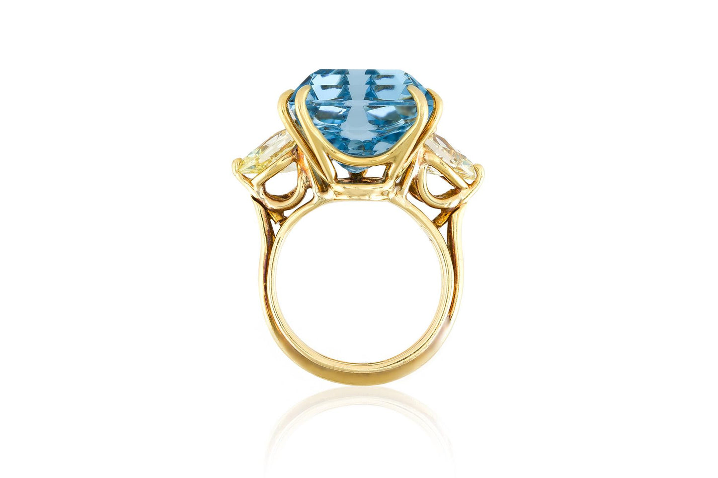 Vintage 1960s 15.00 Carat Trillion Cut Aquamarine Ring with Yellow Diamonds